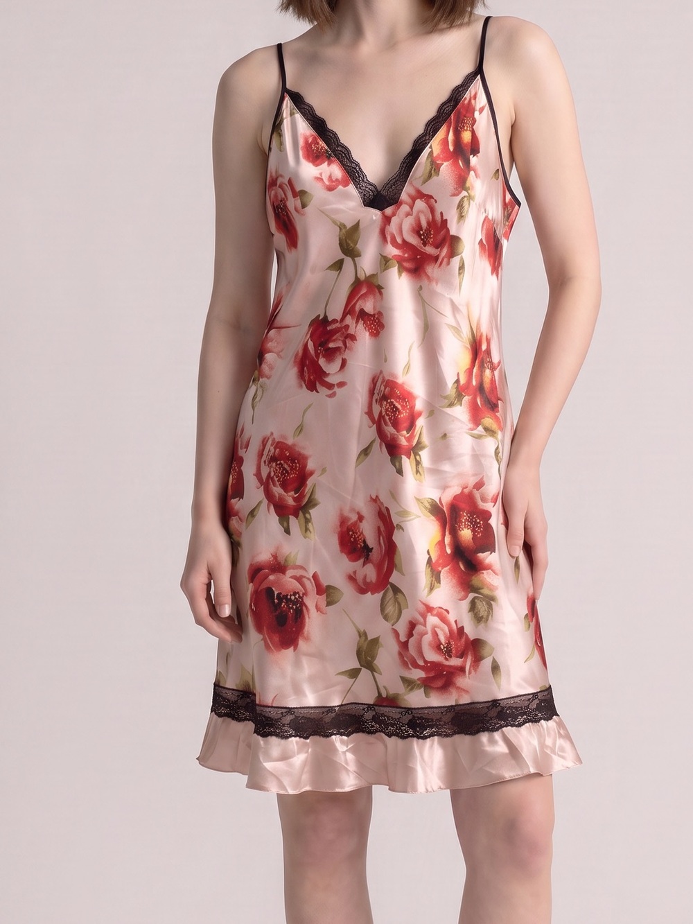 Valerie Stevens floral red roses pink Satin lace trim Coquette lingerie nightie